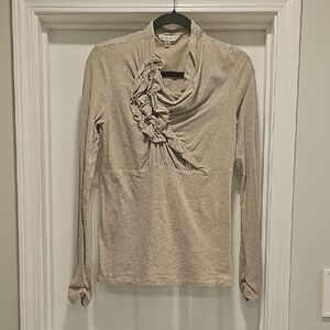 Cabi Long Sleeve Cowl Neck Tan Tee wRuffles